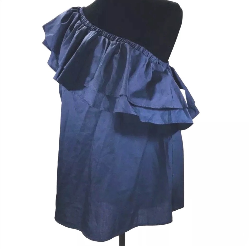 Navy Blue One Shoulder Double Ruffle Top